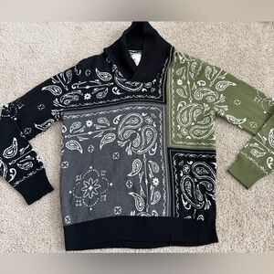 Sun + Stone Black Paisley Shawl Neck Sweater Mens L NWT